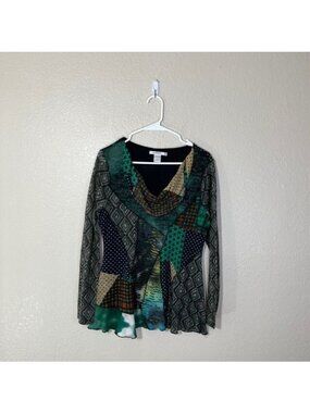 Feratelli Acrylic Knit Multi Print Drape Neck Art Long Sleeve Top Small S